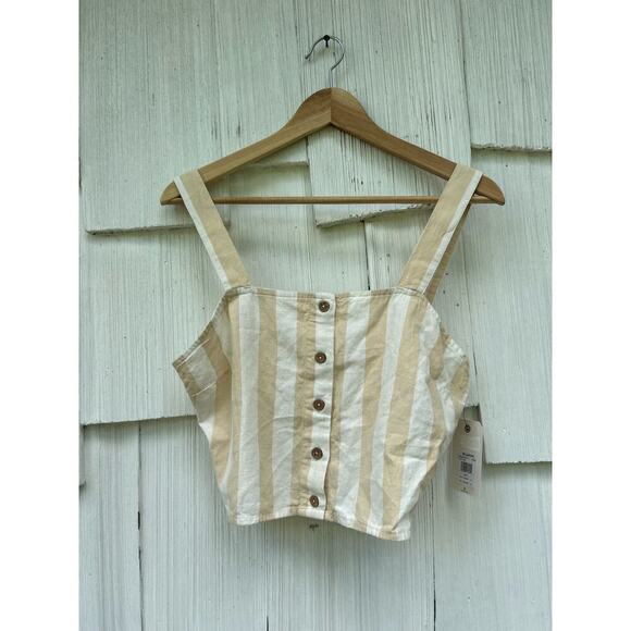 Billabong East Side Cropped Top Beige White Cotton Linen Blend Button Down Sz M - Picture 2 of 9